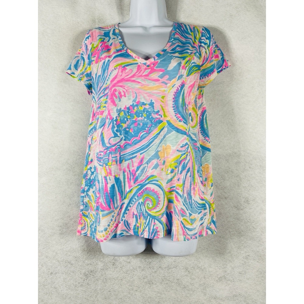 Lilly Pulitzer Etta Top Women's Small Pink Blue T-Shirt V-Neck Short Sleeve